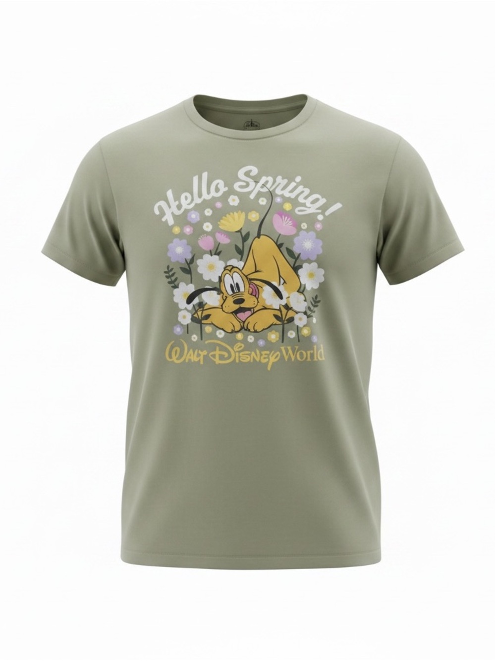 Disney Parks Pluto Hello Spring Olive Green Graphic T-Shirt 2XL Adult